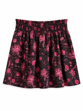 Etam Black & Pink Floral Print Smocked Waist Mini Skirt Size M